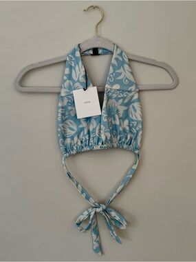 NWT Onia Ruched Halter Floral Bikini Set, Blue & White – Medium